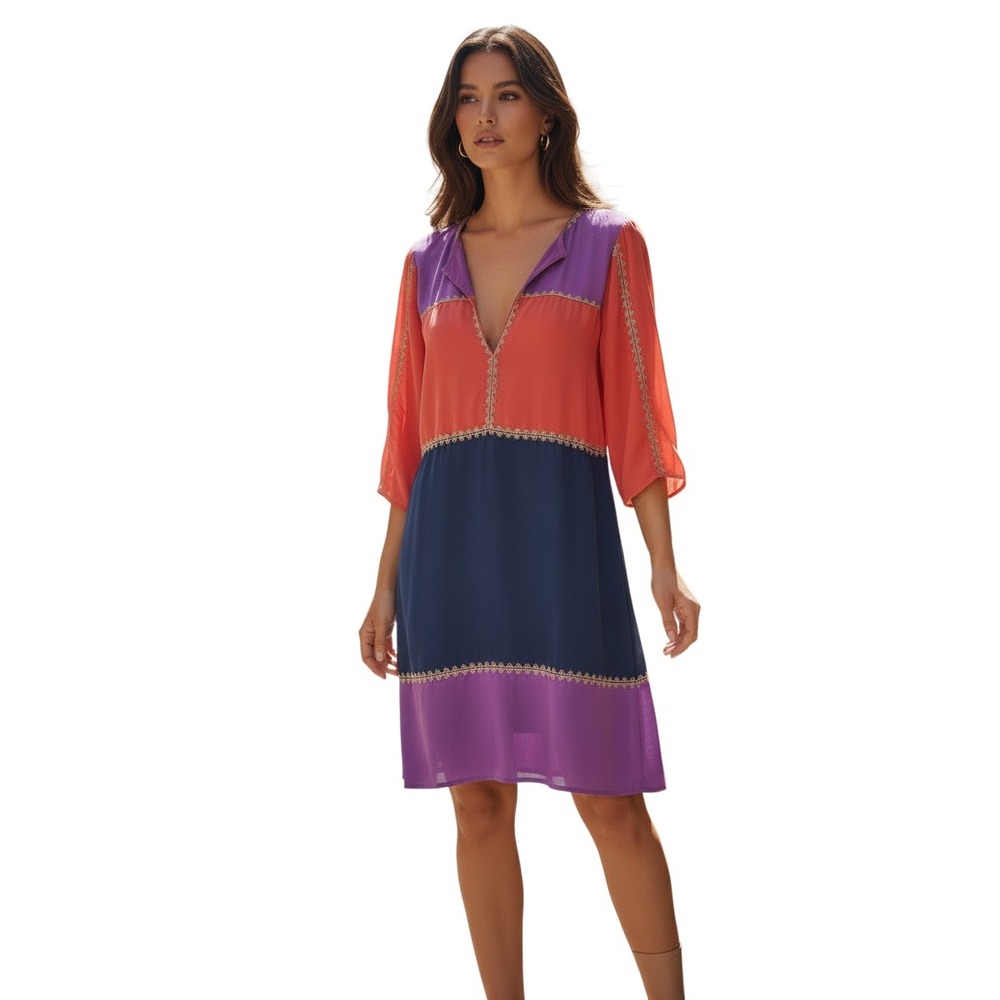 BCBGMAXAZRIA Silk Blend Colorblock V Neck Dress NWOT Small S‎ Purple Coral Navy